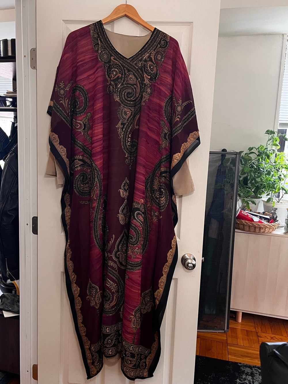 Burgundy Black Gold Paisley Beaded V-neck Kaftan Maxi Dress Glam Modest OS